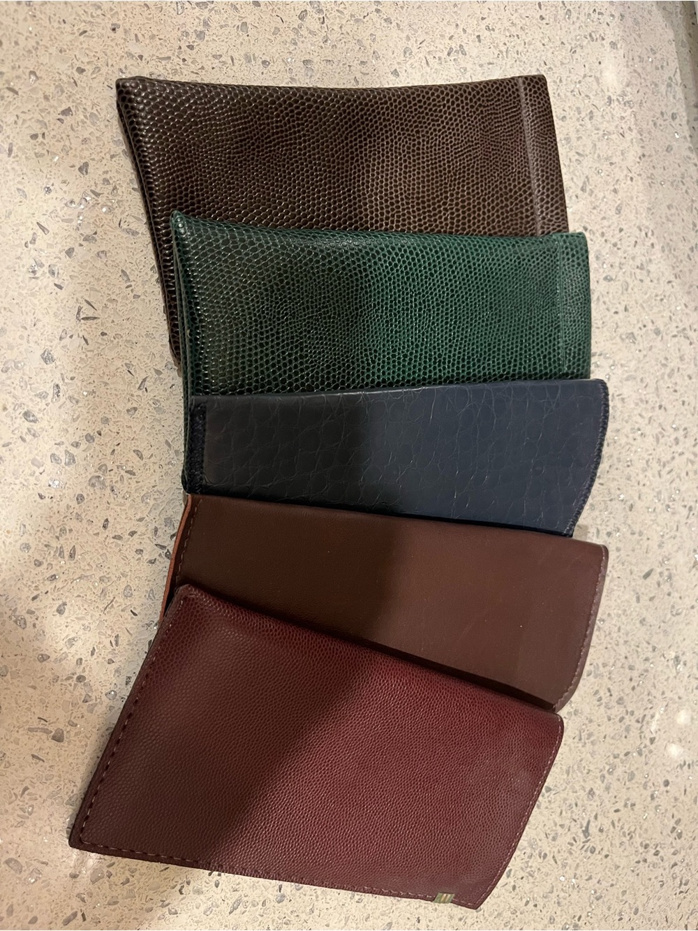 Assorted Leather Slip In Eyeglass Cases (5) in Burgundy, Brown, Green & Navy
